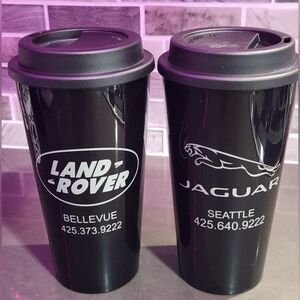 Set Of 2 Matching Land Rover and Jaguar Black Travel Mugs NWOT